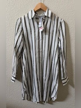 Tommy Bahama Womens XXS Shimmer Stripe Boyfriend Shirt Mare Navy Gold MSRP $128